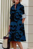 Halloween Costumes Skull Print Turndown Collar Long Sleeve Buttons Mini Shirt Dresses