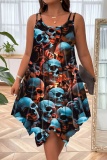 Halloween Costumes Skull Flower Print Sleeveless U Neck Irregular Hem Mini Slip Dresses