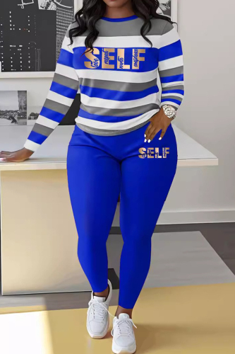 Sportwear Casual Stripe Print O Neck Long Sleeve Oversize Sweatershit And Skinny Pants Two Pieces Sweatpant Sets