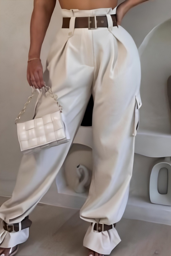 Casual Pocket Buttons High Waist With Belt Ankle Tie Pleated Loose Straight Leg Pants