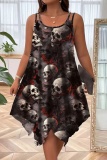 Halloween Costumes Skull Flower Print Sleeveless U Neck Irregular Hem Mini Slip Dresses