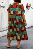 Casual Boho Floral Print O Neck Short Sleeve Vacation Plus Size A Line Midi Dresses
