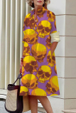 Halloween Costumes Skull Print Turndown Collar Long Sleeve Buttons Mini Shirt Dresses