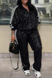 Black Striped Pattern Sequin Zipper Collar Long Sleeve Jacket and Straight Leg Pants Casual Outings Two Pieces Tracksuit Set