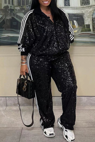 Black Striped Pattern Sequin Zipper Collar Long Sleeve Jacket and Straight Leg Pants Casual Outings Two Pieces Tracksuit Set