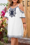 Casual Floral Print V Neck Short Sleeve Hollow Out Belted Vacation Plus Size Mini Dresses