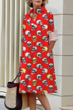 Halloween Costumes Skull Print Turndown Collar Long Sleeve Buttons Mini Shirt Dresses