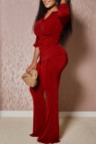 Casual Turndown Collar Long Sleeve Buttons Blouse And Flare Leg Pants Vacation Two Pieces Trouser Sets