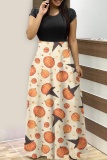 Halloween Pumpkin Bat Cat Print O Neck Short Sleeve A Line T Shirt Maxi Dresses