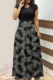 Halloween Pumpkin Bat Cat Print O Neck Short Sleeve A Line T Shirt Maxi Dresses