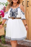 Casual Floral Print V Neck Short Sleeve Hollow Out Belted Vacation Plus Size Mini Dresses