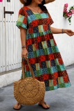 Casual Boho Floral Print O Neck Short Sleeve Vacation Plus Size A Line Midi Dresses