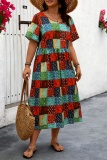 Casual Boho Floral Print O Neck Short Sleeve Vacation Plus Size A Line Midi Dresses