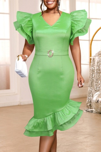 Party Formal Evening V Neck Ruffle Sleeve Ruffle Hem Wrapped Skirt Bodycon Midi Dresses