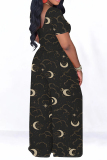 Graphics Print O Neck Short Sleeve Pocket Crop Tops And Wide Leg Pants Two Pieces Trouser Set