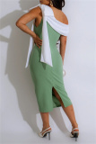 Bow Tie Sleeveless Oblique Collar Slit Formal Office Lady Bodycon Midi Dresses