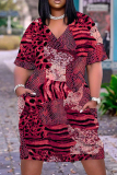 Casual Graphics Print Basic V Neck Short Sleeve Pockets Plus Size T-shirt Midi Dresses