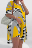 Casual Graphics Print V Neck Short Sleeve Longline Slit Oversize T-shirt And Shorts Two Pieces Shorts Sets
