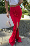 Flowers Decor High Waist Slit Mermaid Hem Formal Evening Party Wedding Ruched Maxi Skirt