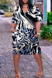 Casual Graphics Print Basic V Neck Short Sleeve Pockets Plus Size T-shirt Midi Dresses