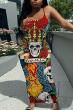 Halloween Outfits Skull Flower Print Sleeveless Backless U Neck Plus Size Bodycon Maxi Slip Dress