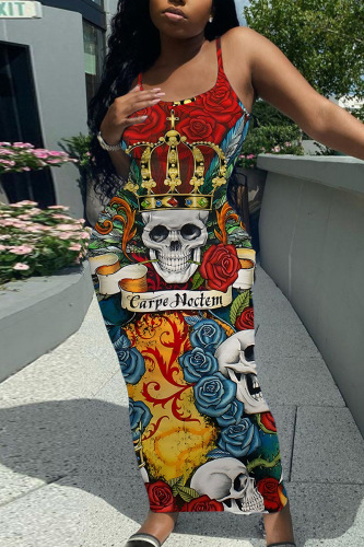Halloween Outfits Skull Flower Print Sleeveless Backless U Neck Plus Size Bodycon Maxi Slip Dress