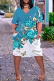 Casual Graphics Print Basic V Neck Short Sleeve Vacation Loose Pockets Midi T-Shirt Dress