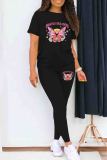 Sportwear Butterfly Print O Neck Short Sleeve T-shirt And Skinny Pants Two Pieces Sweatpants Sets