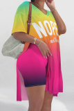 Casual Graphics Print V Neck Short Sleeve Longline Slit Oversize T-shirt And Shorts Two Pieces Shorts Sets