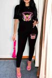 Sportwear Butterfly Print O Neck Short Sleeve T-shirt And Skinny Pants Two Pieces Sweatpants Sets