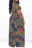 Graphics Print O Neck Short Sleeve Pocket Crop Tops And Wide Leg Pants Two Pieces Trouser Set