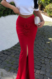 Flowers Decor High Waist Slit Mermaid Hem Formal Evening Party Wedding Ruched Maxi Skirt