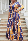 Casual Graphics Print V Neck Half Sleeve Front Slit Belted Long Vacation Plus Size A Line Maxi Dresses