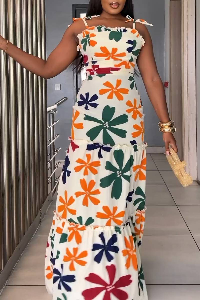 SPAGHETTI STRAP RUFFLES HEM FLORAL PRINT DRESS