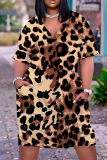Casual Graphics Print Basic V Neck Short Sleeve Pockets Plus Size T-shirt Midi Dresses