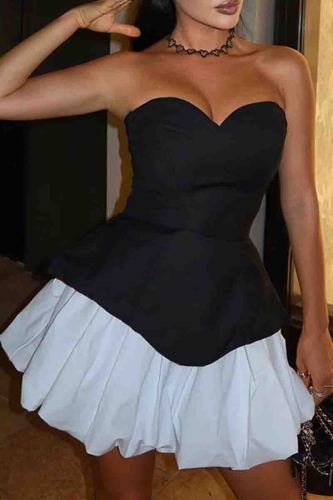 Colorblock Print Backless Strapless Bubble Hem Formal Evening Party A Line Tube Mini Dresses