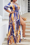 Casual Graphics Print V Neck Half Sleeve Front Slit Belted Long Vacation Plus Size A Line Maxi Dresses