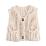 Casual Sleeveless O Neck Buttons Knitted Cropped Vest