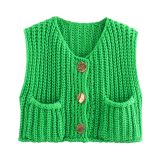 Casual Sleeveless O Neck Buttons Knitted Cropped Vest