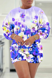 Casual Floral Print O Neck Short Sleeve Sweatshirt And Shorts Two Pieces Shorts Sets