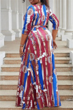 Casual Graphics Print V Neck Half Sleeve Front Slit Belted Long Vacation Plus Size A Line Maxi Dresses