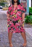 Casual Graphics Print Basic V Neck Short Sleeve Pockets Plus Size T-shirt Midi Dresses