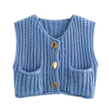 Casual Sleeveless O Neck Buttons Knitted Cropped Vest