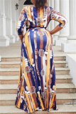 Casual Graphics Print V Neck Half Sleeve Front Slit Belted Long Vacation Plus Size A Line Maxi Dresses