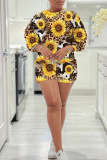 Casual Floral Print O Neck Short Sleeve Sweatshirt And Shorts Two Pieces Shorts Sets