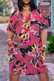 Casual Graphics Print Basic V Neck Short Sleeve Pockets Plus Size T-shirt Midi Dresses
