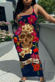 Halloween Outfits Skull Flower Print Sleeveless Backless U Neck Plus Size Bodycon Maxi Slip Dress