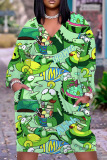 Halloween Costumes Graphics Print V Neck Long Sleeve Loose Pockets Straight Midi Dress