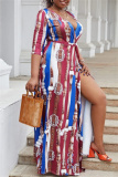Casual Graphics Print V Neck Half Sleeve Front Slit Belted Long Vacation Plus Size A Line Maxi Dresses