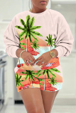 Casual Floral Print O Neck Short Sleeve Sweatshirt And Shorts Two Pieces Shorts Sets